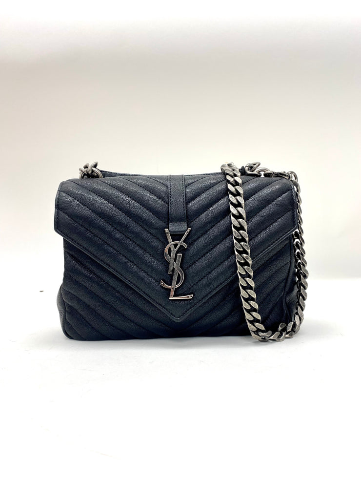 YSL Saint Laurent College Medium Bag in Black Chevron Quilted Leather