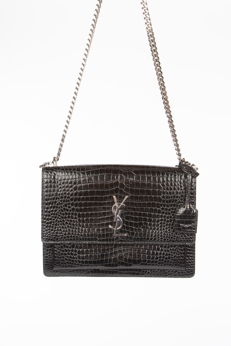 YSL Sunset Handbag in Black Crocodile Embossed Shiny Leather