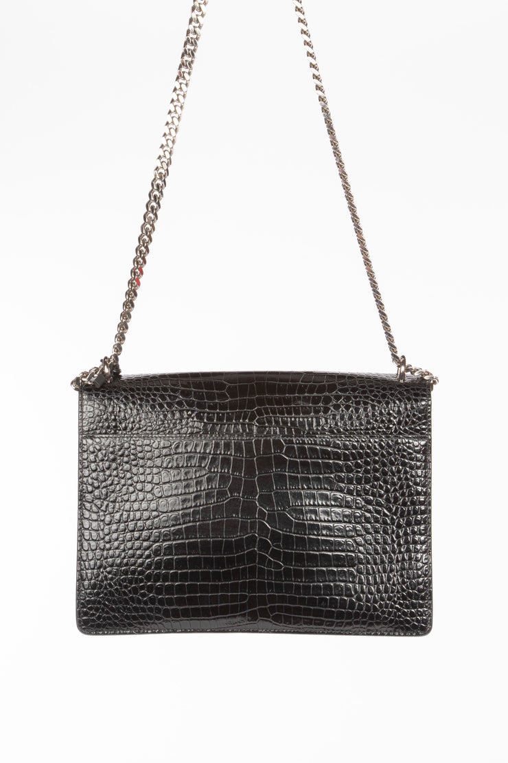 YSL Sunset Handbag in Black Crocodile Embossed Shiny Leather