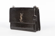 YSL Sunset Handbag in Black Crocodile Embossed Shiny Leather