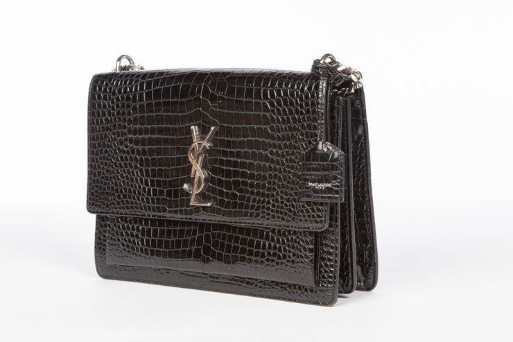 YSL Sunset Handbag in Black Crocodile Embossed Shiny Leather