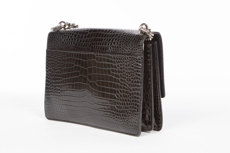 YSL Sunset Handbag in Black Crocodile Embossed Shiny Leather