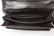 YSL Sunset Handbag in Black Crocodile Embossed Shiny Leather