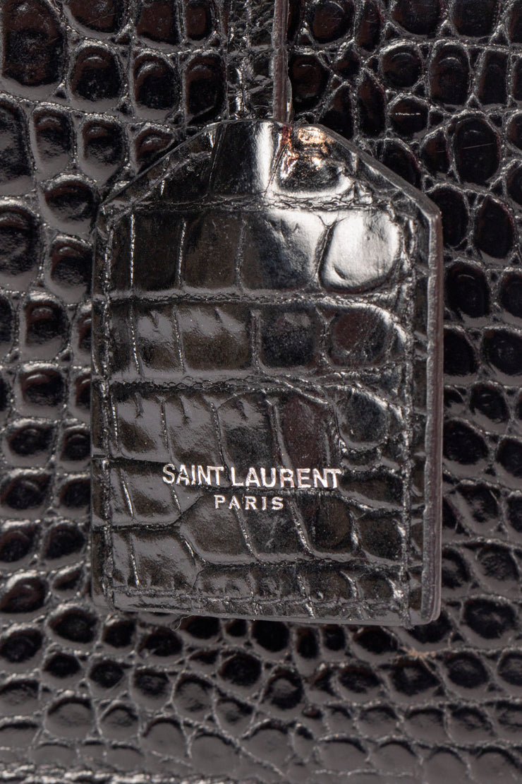 YSL Sunset Handbag in Black Crocodile Embossed Shiny Leather