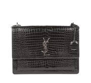 YSL Sunset Handbag in Black Crocodile Embossed Shiny Leather